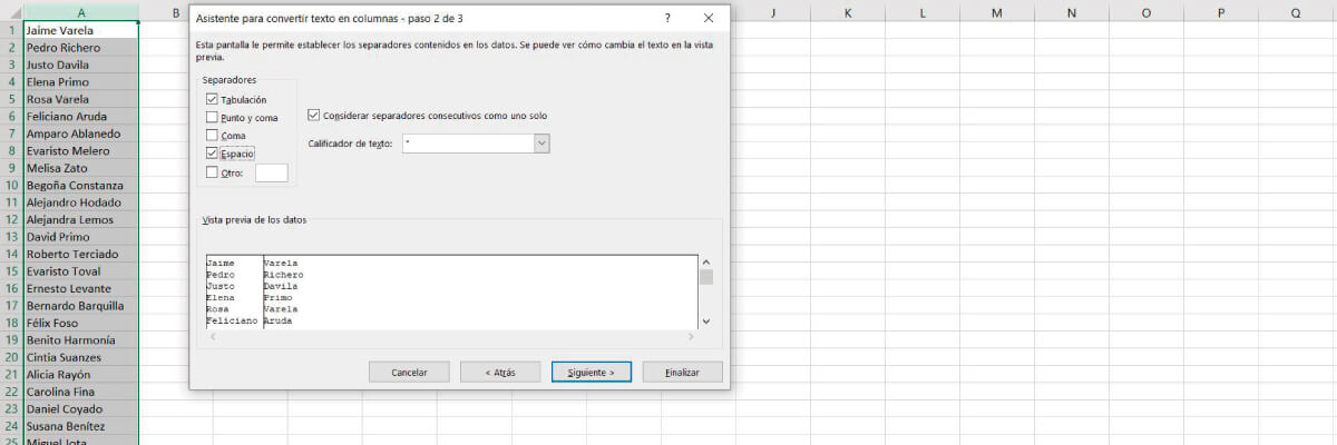trucos en excel texto en columnas